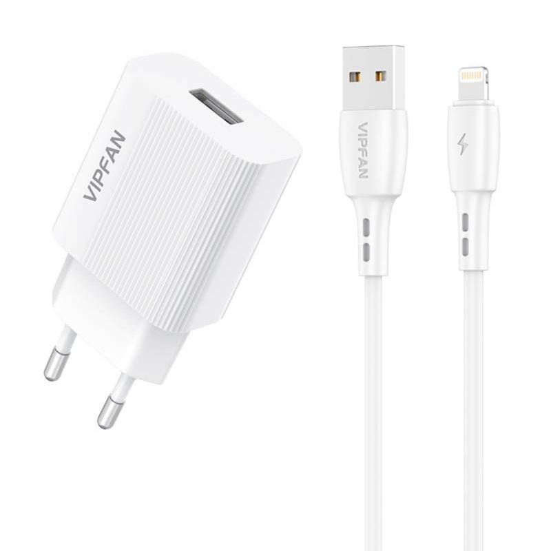 Vipfan E01 hálózati töltő 1xUSB, 2,4A + USB-A - Lightning kábel fehér (E01S-LT) (E01S-LT)