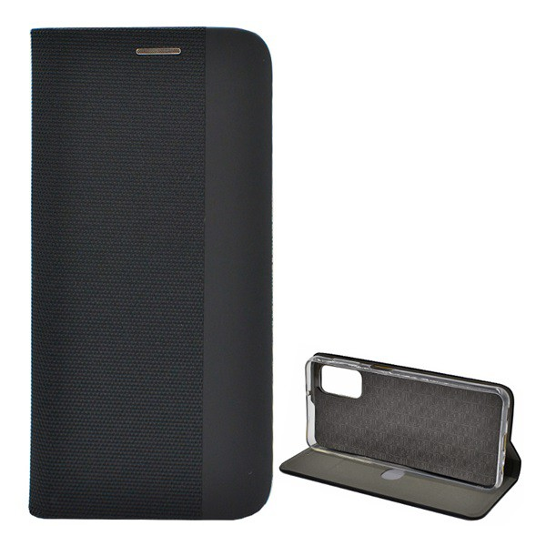 Tok álló, bőr hatású (FLIP, oldalra nyíló, asztali tartó funkció, textil minta) FEKETE [Samsung Galaxy A32 5G (SM-A326)] (5996591041346)