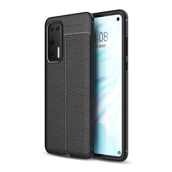 Szilikon telefonvédő (közepesen ütésálló, bőr hatású, varrás minta) FEKETE [Huawei P40] (5996457934836)