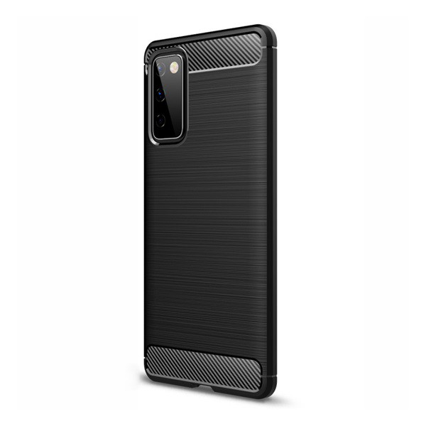 Szilikon telefonvédő (közepesen ütésálló, légpárnás sarok, szálcsiszolt, karbon minta) FEKETE [Samsung Galaxy S20 FE (SM-G780)] (5996591004006)