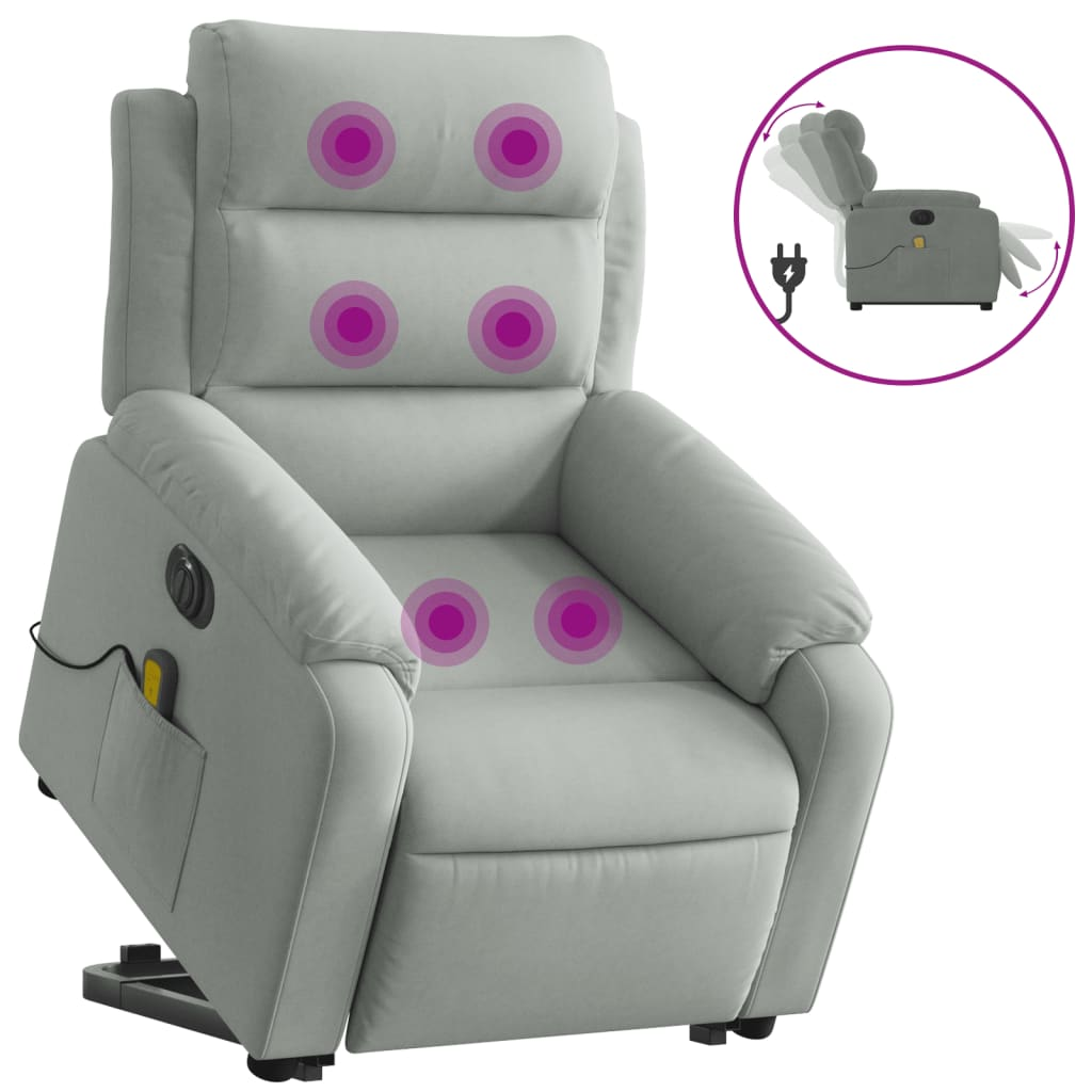 elektromos felállást segítő világosszürke bársony masszázsfotel (3205125)