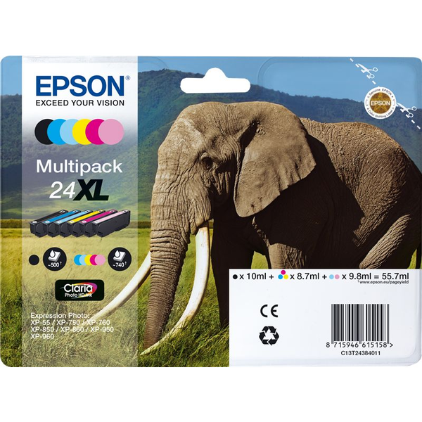 Epson Elephant C13T24384021 глава и патрон за мастиленоструен принтер 6 броя Оригинал Висок (XL) добив Черен, Синьо-зелен, Светло синьозелен, Пурпурен, Светло пурпурен, Жълт