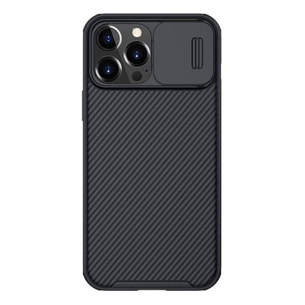 NILLKIN CAMSHIELD PRO műanyag telefonvédő (szilikon keret, közepesen ütésálló, kamera védelem, csíkos minta) FEKETE [Apple iPhone 13 Pro Max] (5996591101637)