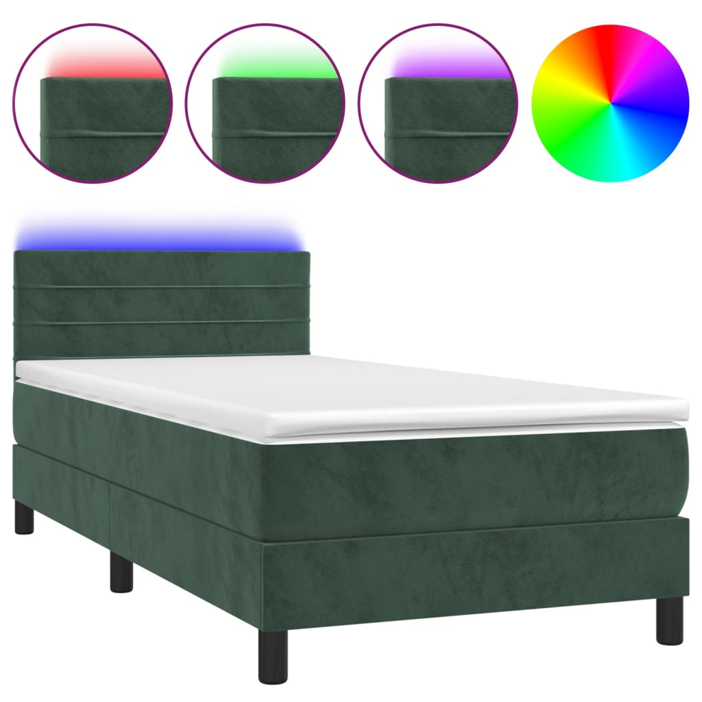 sötétzöld bársony rugós és LED-es ágy matraccal 90x190 cm (3134438)