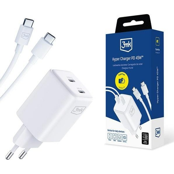 3mk Hyper töltő PD 45W+USB kábel C - C White (5903108561969)