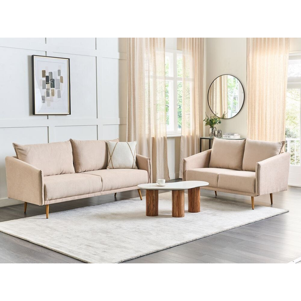 Conjunto De Sofás Tapizados En Terciopelo Beige 5 Plazas Respaldo Acolchado Asiento Metal Patas Doradas Retro Glam Maura - Beige