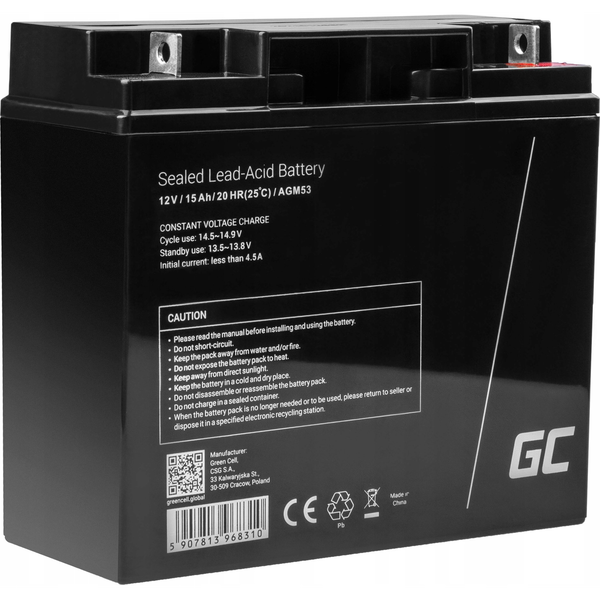 AKUMULÁTOR AGM VRLA GREEN CELL 12V 15AH BEZÚDRŽBOVÝ QUAD BICYKEL UPS SOLÁR