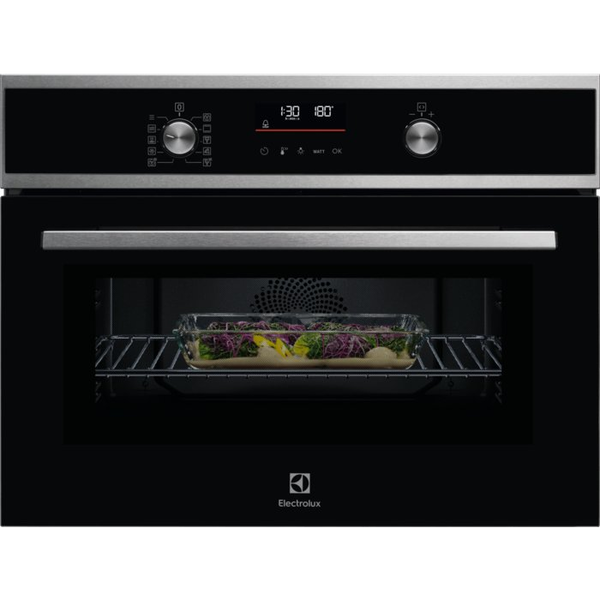 Electrolux EVL6E49X beépíthető sütő, Elektromos, 44 l, Mikrohullámú funkció, 1000 W mikrohullámú teljesítmény, Kihúzható gombok, Üvegbetétes előlap, Digitális kijelző, 3 rétegű üvegajtó, Grill, 1 zománcozott tálca + 1 grill, Rozsdamentes acél/Fekete
