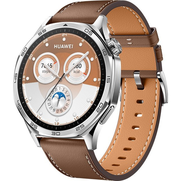 Смарт часовник Huawei Watch GT 5, 46mm, Tarnish Stainless Steel Case, Brown Composite Leather Strap
