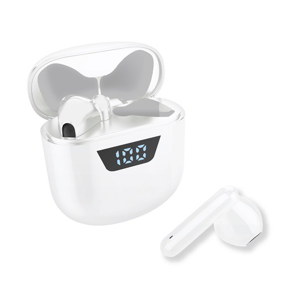 Комплект 2 броя Bluetooth стерео слушалки, 4-OK, v5.0, TWS, Микрофон, Индикатор за зареждане + Калъф за зареждане, Бял