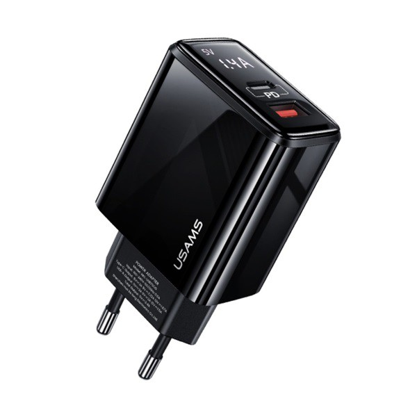 USAMS T40 hálózati töltő USB aljzat / Type-C aljzat (5V / 3000 mA, gyorstöltés támogatás) FEKETE (CC133) (CC133)