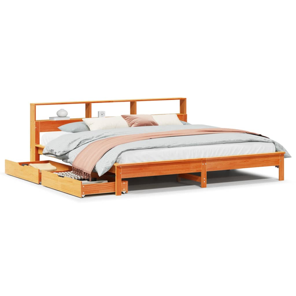 barna tömör fenyőfa könyvespolcos ágy matrac nélkül 200 x 200cm