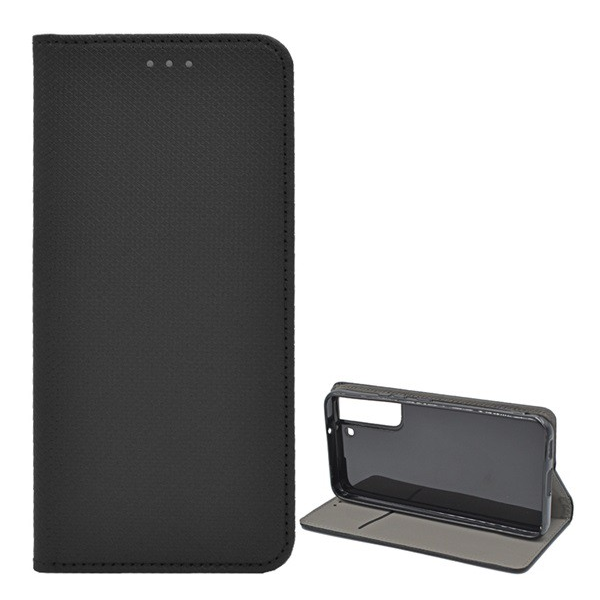 Tok álló, bőr hatású (FLIP, oldalra nyíló, asztali tartó funkció, rombusz minta) FEKETE [Samsung Galaxy S22 5G (SM-S901)] (5996591122373)