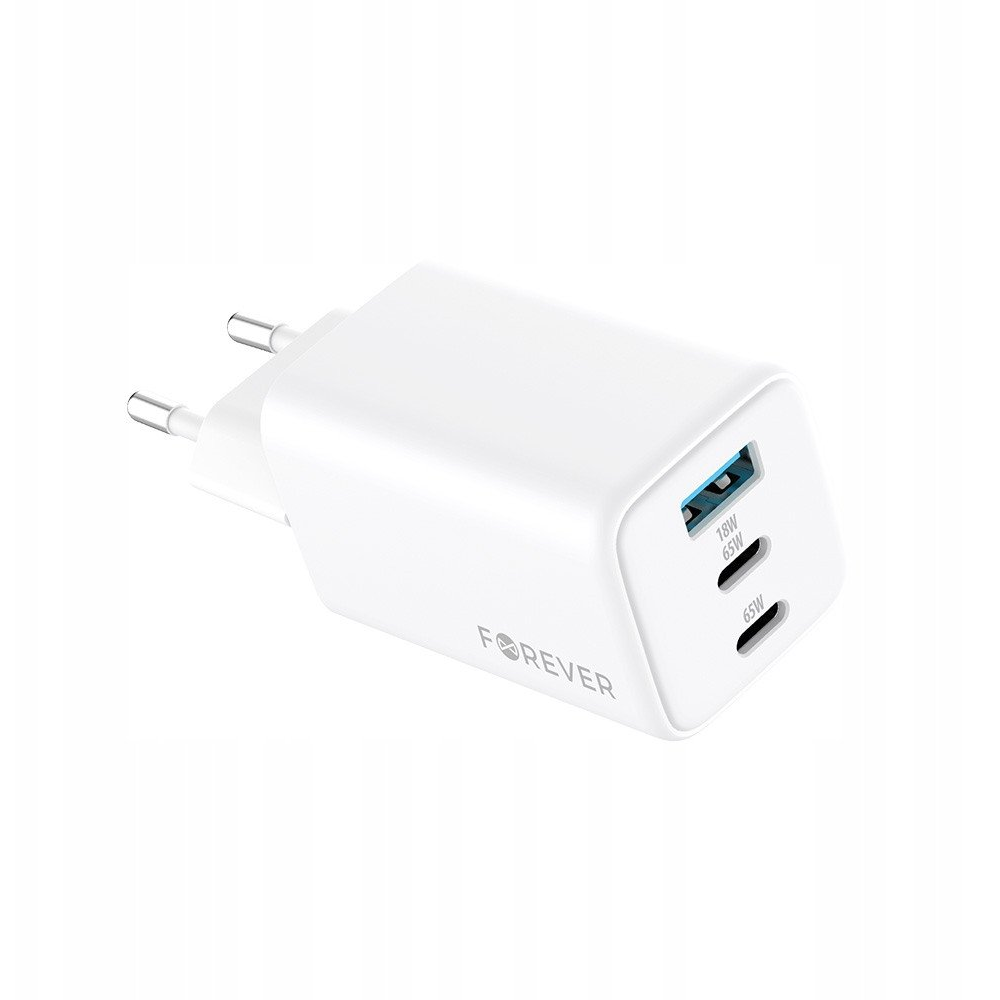 Forever TC-08-65ACC Hálózati Töltő 1xUSB-A És 2xUSB-C Csatlakozással GaN PD QC 65W-Fehér (GSM187245)