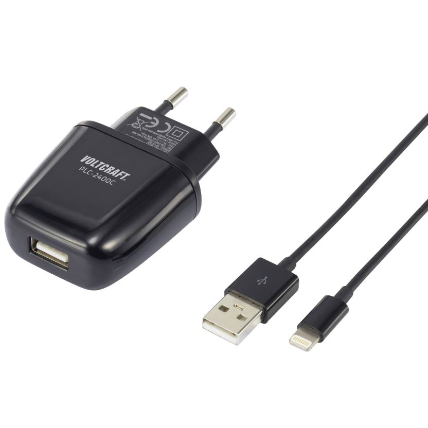 VOLTCRAFT 1xUSB-A hálózati töltő adapter + Lightning töltőkábel fekete (VC-10906900) (VC-10906900)