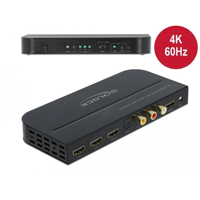 Delock HDMI kapcsoló 3 x HDMI bemenet - 1 x HDMI kimenet 4K 60 Hz Audio Extractor-ral (66498) (DE66498)