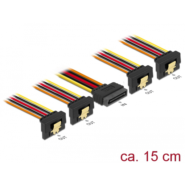 Delock Kabel SATA 15 Pin Strom Stecker mit Einrastfunktion > SATA 15 Pin Strom Buchse 4 x unten 15 cm
