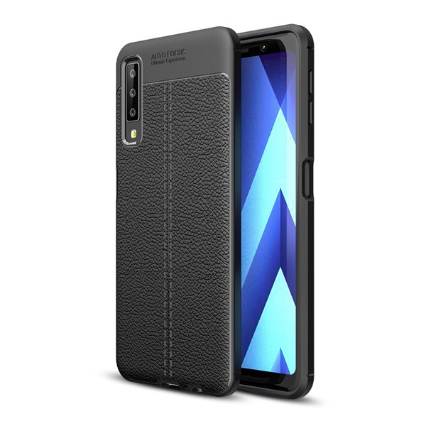 Szilikon telefonvédő (közepesen ütésálló, bőr hatású, varrás minta) FEKETE [Samsung Galaxy A7 (2018) SM-A750F] (5996457826032)