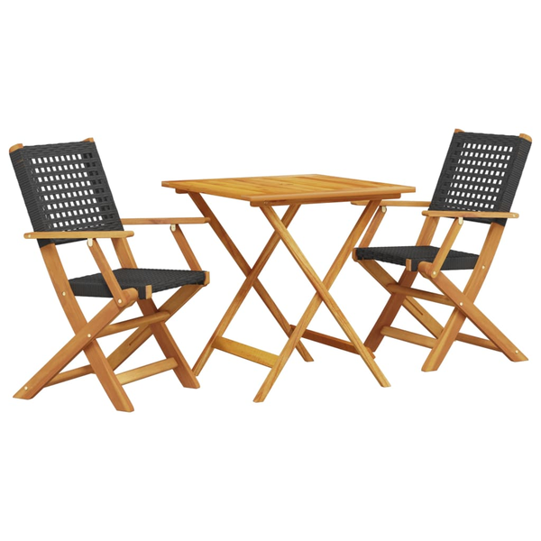 Set mobilier bistro, 3 piese, negru, poliratan și lemn masiv
