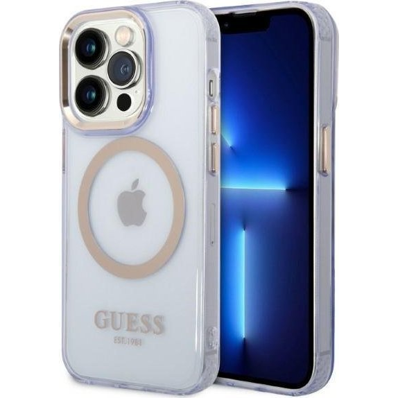 Guess Gold Outline Translucent MagSafe Apple iPhone 14 Pro Max hátlap tok, lila (GUE2322)