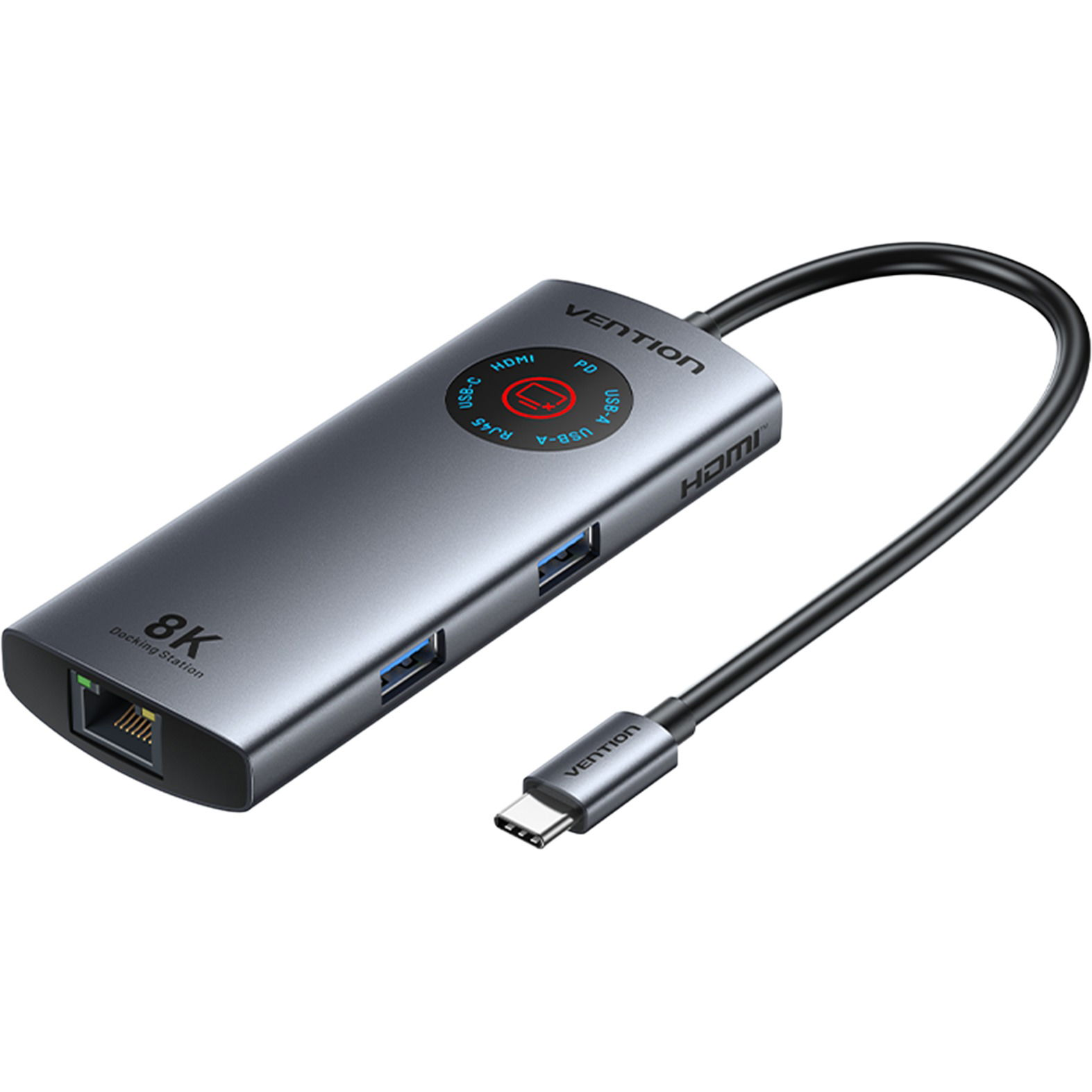 Vention USB-C to HDMI/USB 3.2 Gen 1 Type-C/USB 3.0*2/RJ45/PD 8K Docking Station with LED Display 0.1 (TQZHB)