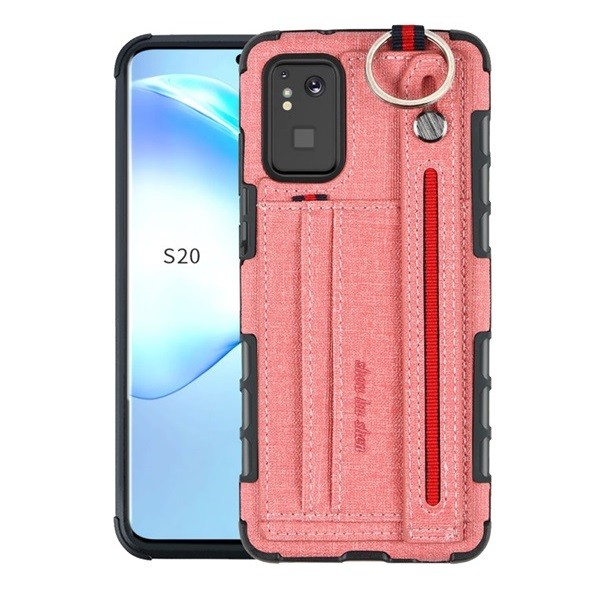 Samsung Galaxy S20 Plus / S20 Plus 5G SM-G985 / G986, Szilikon tok, közepesen ütésálló, stand, textil hátlap, felakasztható, kézpánttal, rózsaszín (G95773)