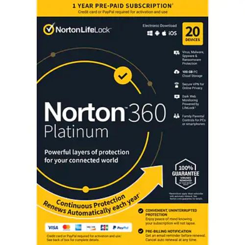 NortonLifeLock Norton 360 Platinum 100GB 1 uživatel 20 zařízení 1 rok krabicový antivirový software