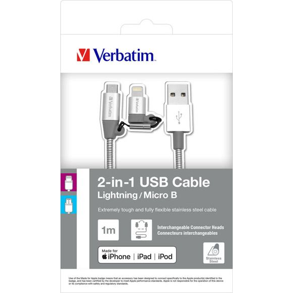 Verbatim 48869 USB-kabel 1 m USB A Micro-USB B/Lightning Aluminium, Grijs