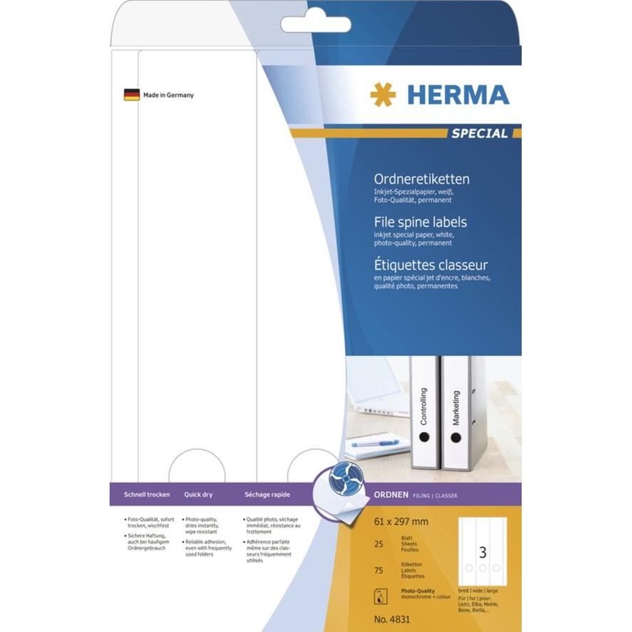 HERMA Inkjet Ordneretik. A4 weiß 61x297 mm Papier 75 St. (4831) (4831)