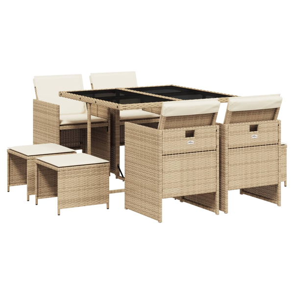 Set de masă pentru grădină, 9 piese, cu perne, bej, poliratan