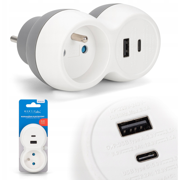 Montis Rozgałęźnik elektryczny 1-gniazowy + USB-A + USB-C MT190-WG