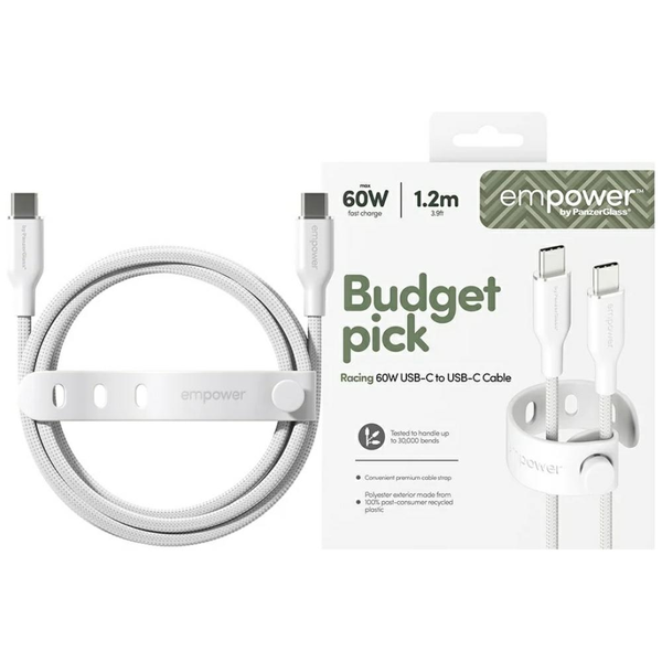 PanzerGlass empower™ by ® Racing 60W USB-C to USB-C Cable | USB 2.0 | 1.2M | Silver White cavo USB Bianco