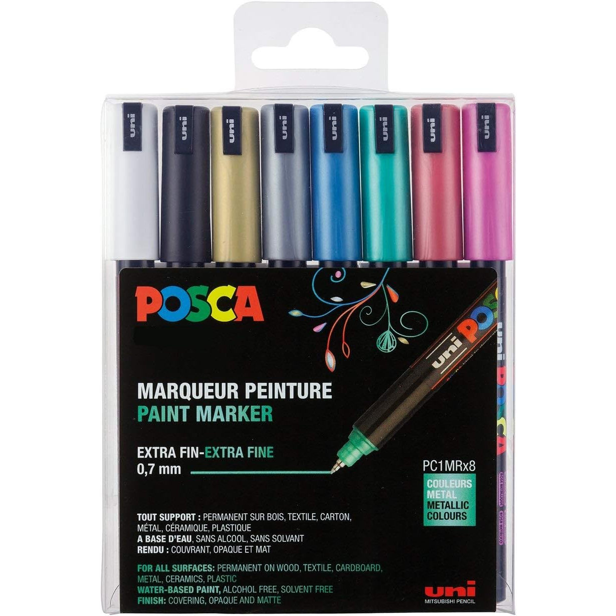 Uni Posca PC-1MR 0,7mm Extra-Fine Dekormarker készlet - Metál színek (8 db / csomag) (181709)