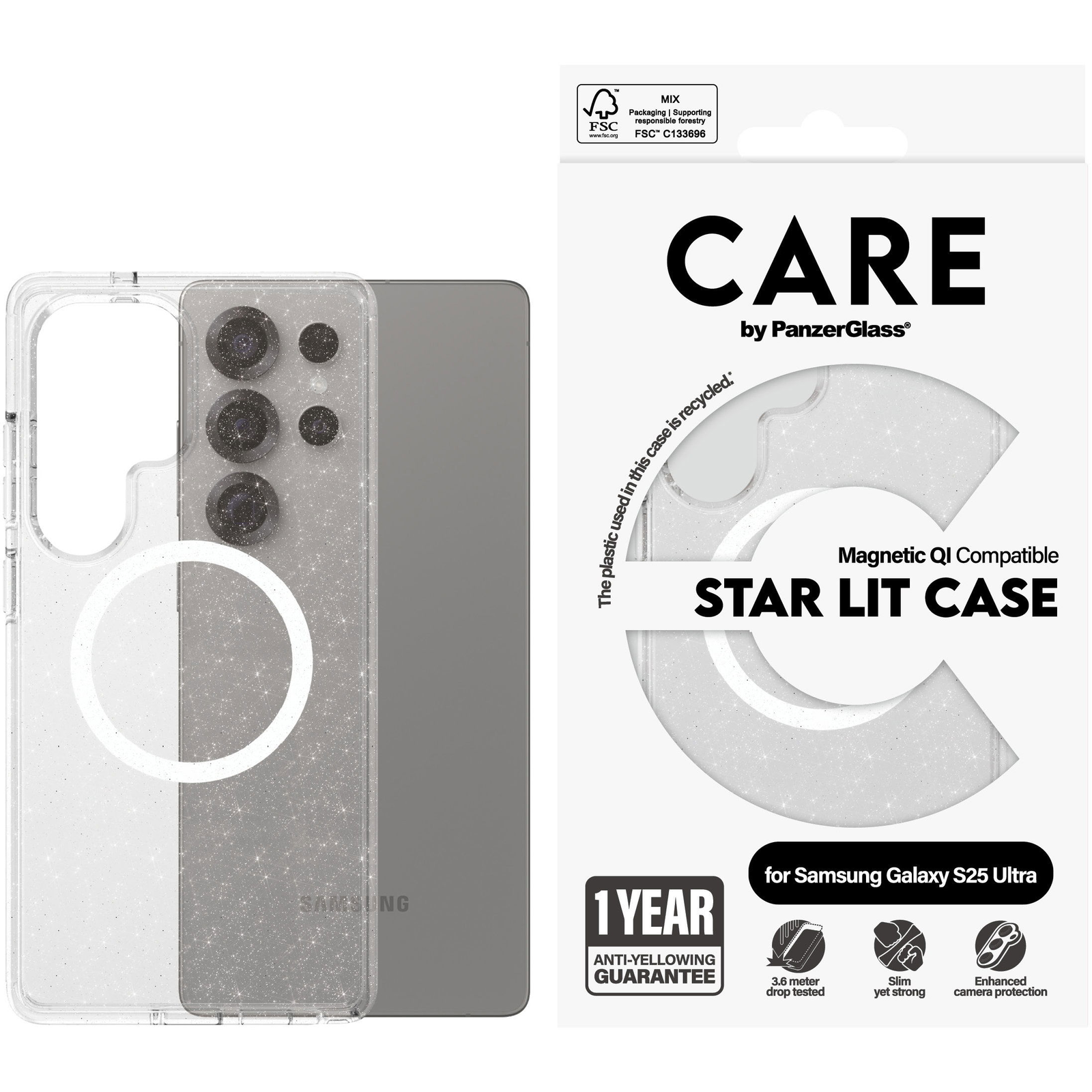 PanzerGlass CARE Star Lit Samsung Galaxy S25 Ultra csillogó / fehér Qi tok (CRRFSWQG38488)