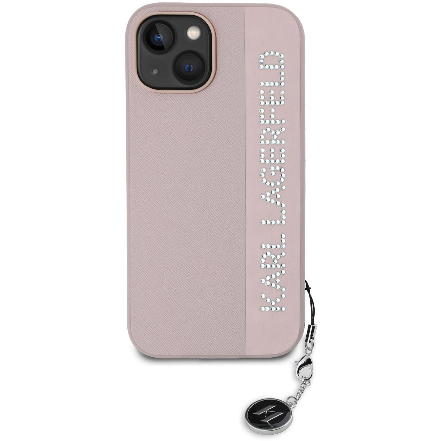 Karl Lagerfeld PU Saffiano Rhinestone Charm iPhone 15 rózsaszín tok (KLHCP15SPSAKDGCP)