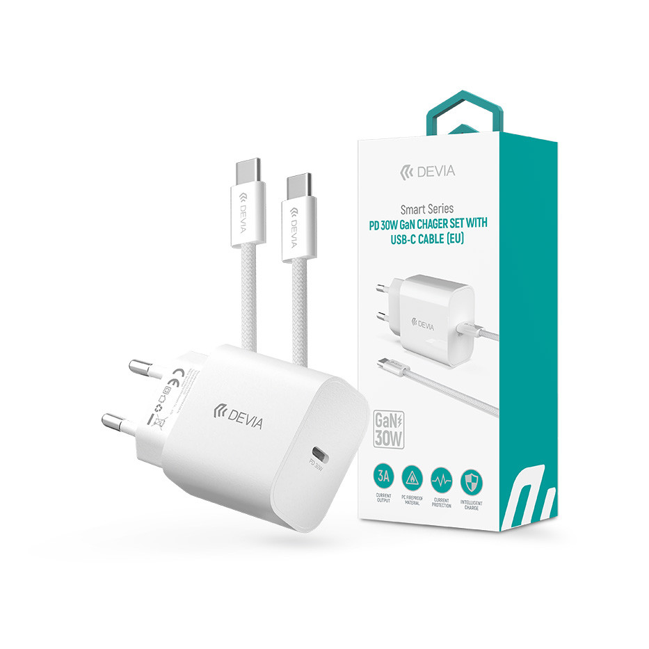 Devia Smart Series 30W GaN PD+QC hálózati gyorstöltő adapter + Type-C/Type-C kábel - fehér (ST399800)