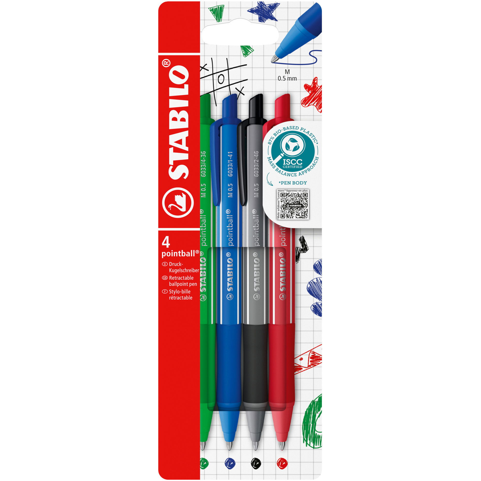 STABILO pointball colorful, kék, fekete, piros és zöld – 4 darabos készlet (4006381624749)