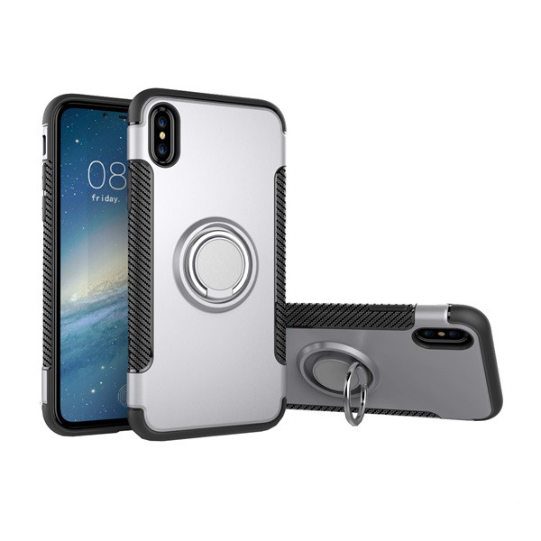 Műanyag telefonvédő (szilikon keret, asztali tartó funkció, telefontartó gyűrű, beépített fémlemez, karbon minta) EZÜST [Apple iPhone XS 5.8] (5996457811380)