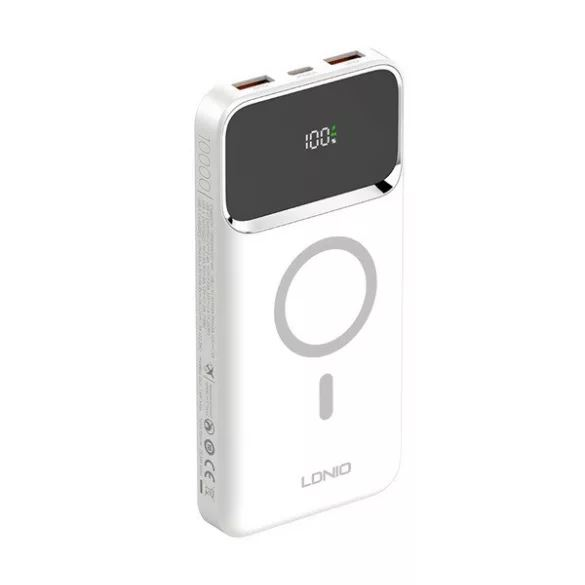 LDNIO vésztöltő 2 USB+Type-C aljzat (10000mAh, 15W, PD gyorstöltő, wireless) FEHÉR, PQ12 (6933138600061)