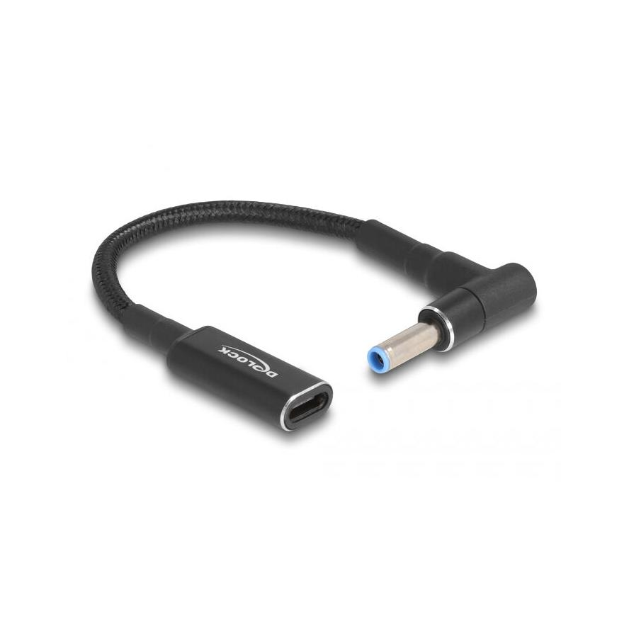Delock USB-C -> DC 4,5 x 3,0mm F/M töltőkábel 0.15m fekete egyenes/90°, HP (60031)
