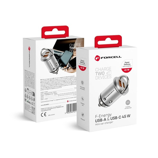FORCELL F-energy Mini autós szivargyújtó töltő USB-C, PD, QC3.0, 45W, ezüst