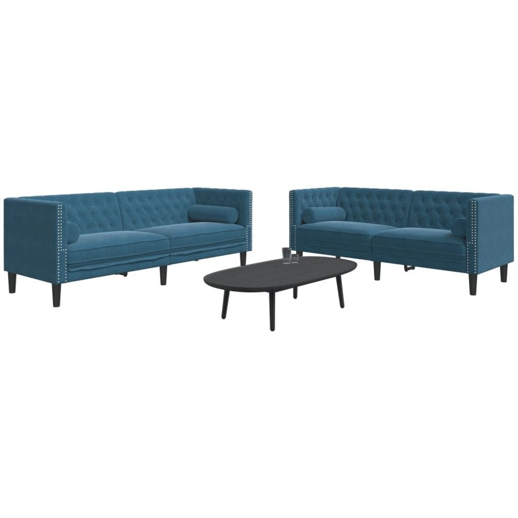 2 részes kék bársony Chesterfield kanapészett hengerpárnákkal (3209299)