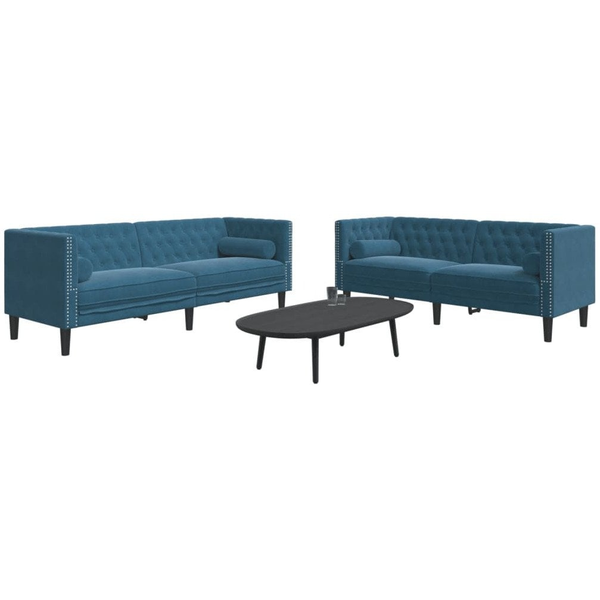 Set canapele Chesterfield perne rulou 2 piese albastru catifea