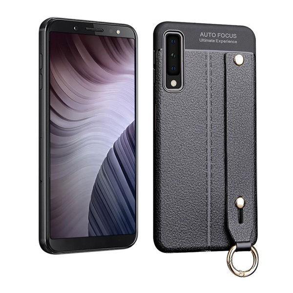 Szilikon telefonvédő (közepesen ütésálló, asztali tartó funkció, bőr hatású, varrás minta + kézpánt) FEKETE [Samsung Galaxy A7 (2018) SM-A750F] (5996457825967)