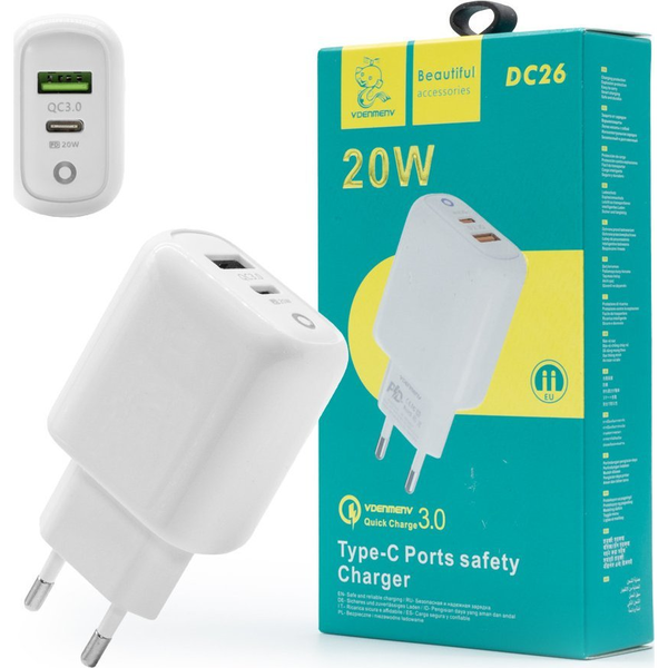 Ładowarka . DENMEN ŁADOWARKA SIECIOWA  DUAL USB + USB-C 40W DC26