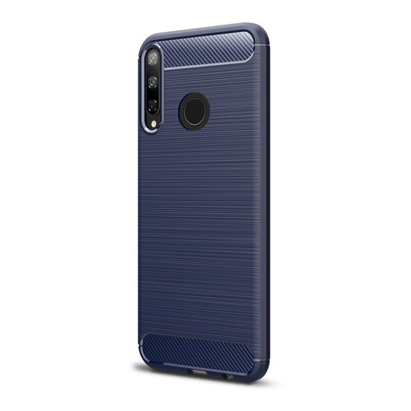 Szilikon telefonvédő (közepesen ütésálló, légpárnás sarok, szálcsiszolt, karbon minta) SÖTÉTKÉK [Huawei P40 Lite E / Y7p] (5996457980079)