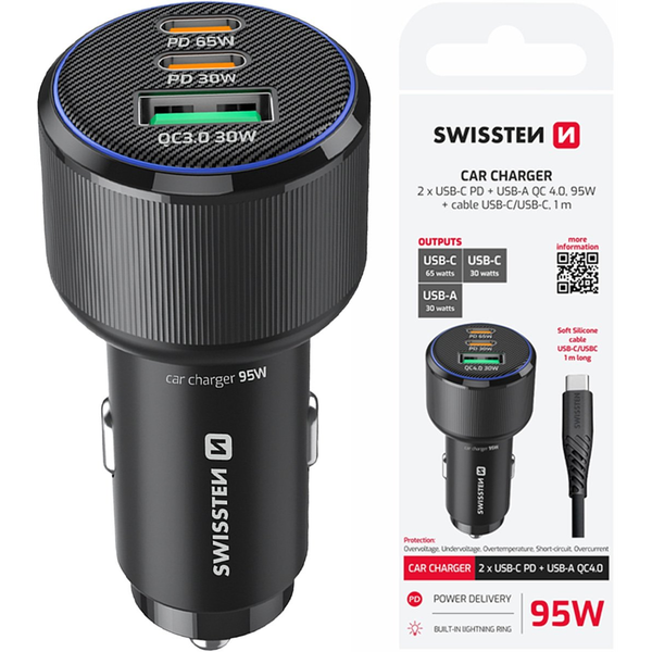 Cargador De Coche 2x Usb-c Pd 65w Y 30w Usb 3.0 Qc 30w Con Cable Usb-c