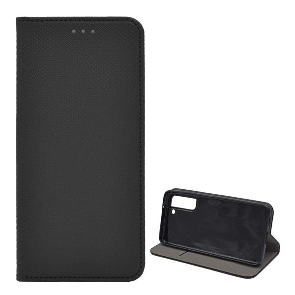 Tok álló, bőr hatású (FLIP, oldalra nyíló, asztali tartó funkció, rombusz minta) FEKETE [Samsung Galaxy S21 FE (SM-G990)]