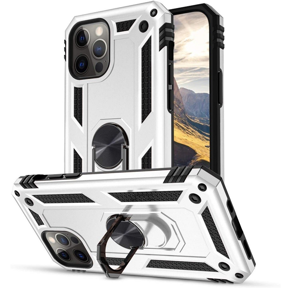 Samsung Galaxy A02s / M02s SM-A025F / M025F, Műanyag hátlap védőtok, közepesen ütésálló, szilikon belső, telefontartó gyűrű, Defender, ezüst (95654)