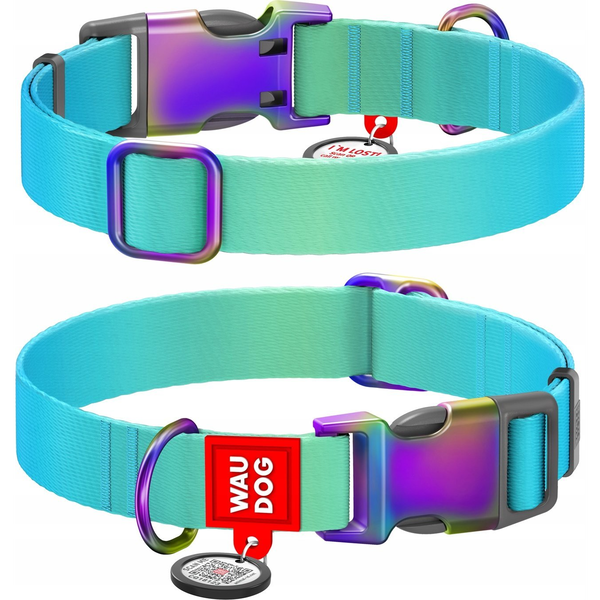 Nylon dog collar with QR code WAUDOG 15 mm wide, 25-35 cm long blue